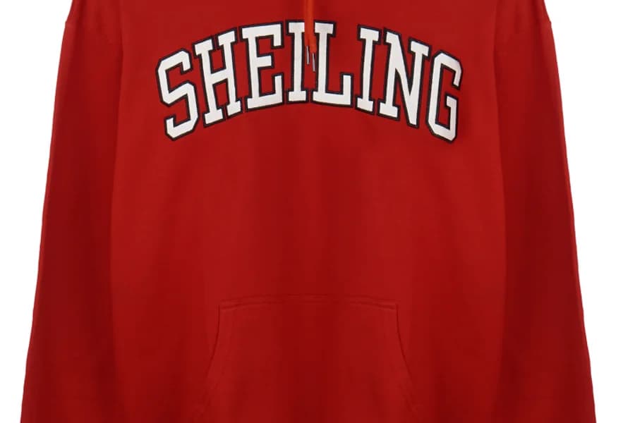 Red school hoodie with embroidered lettering