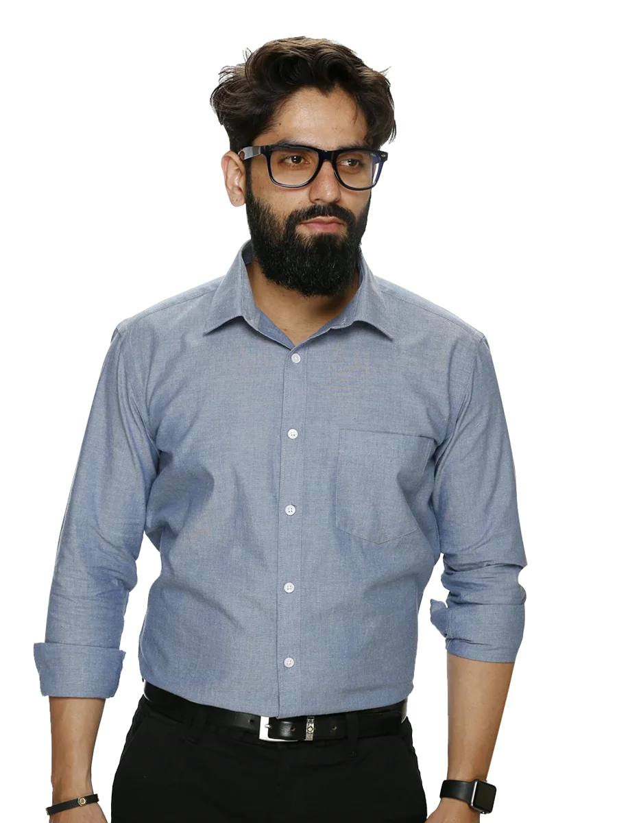 Blue uniform shirt on model
