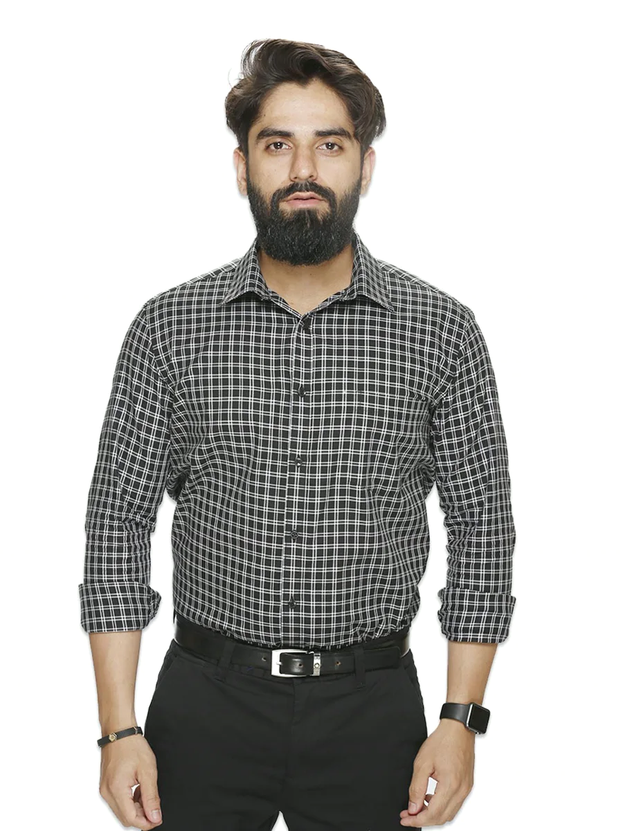 Black and white check shirt on model