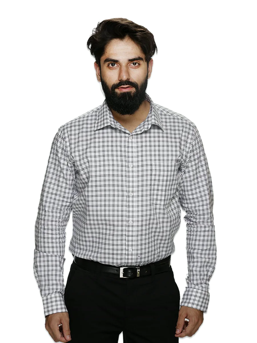 Grey micro-check shirt on model