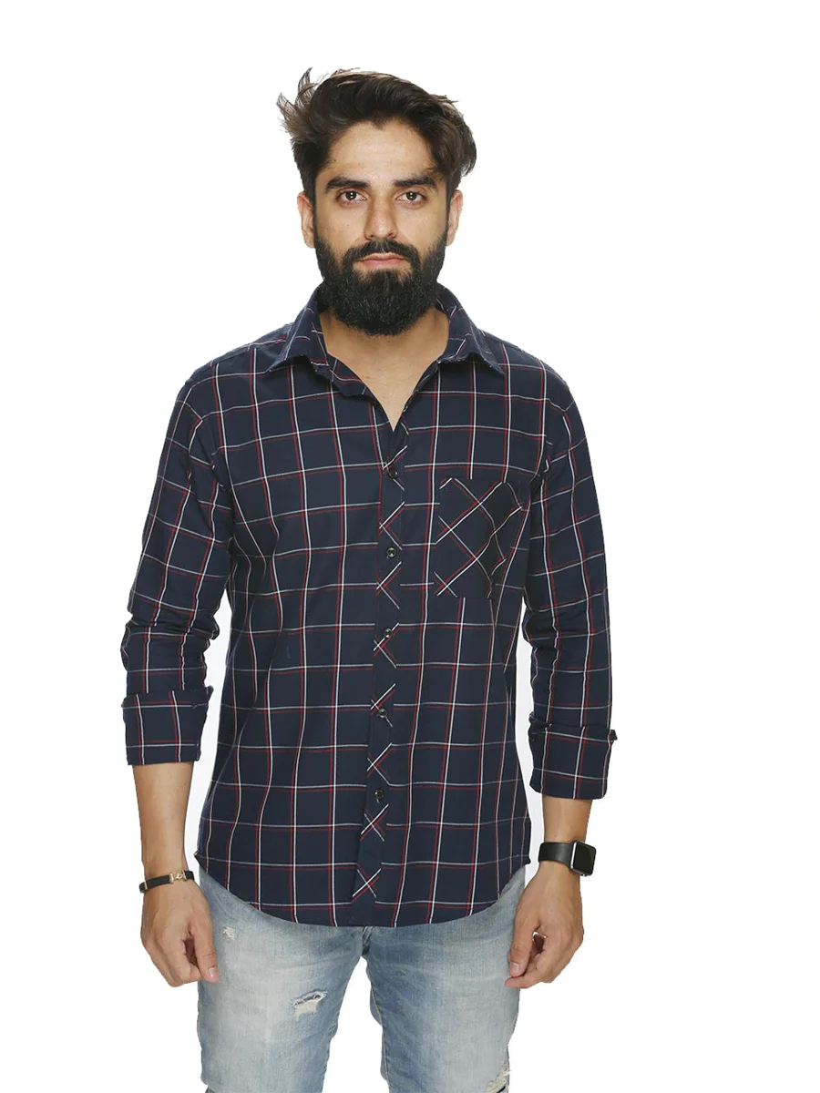 Navy checked shirt on model