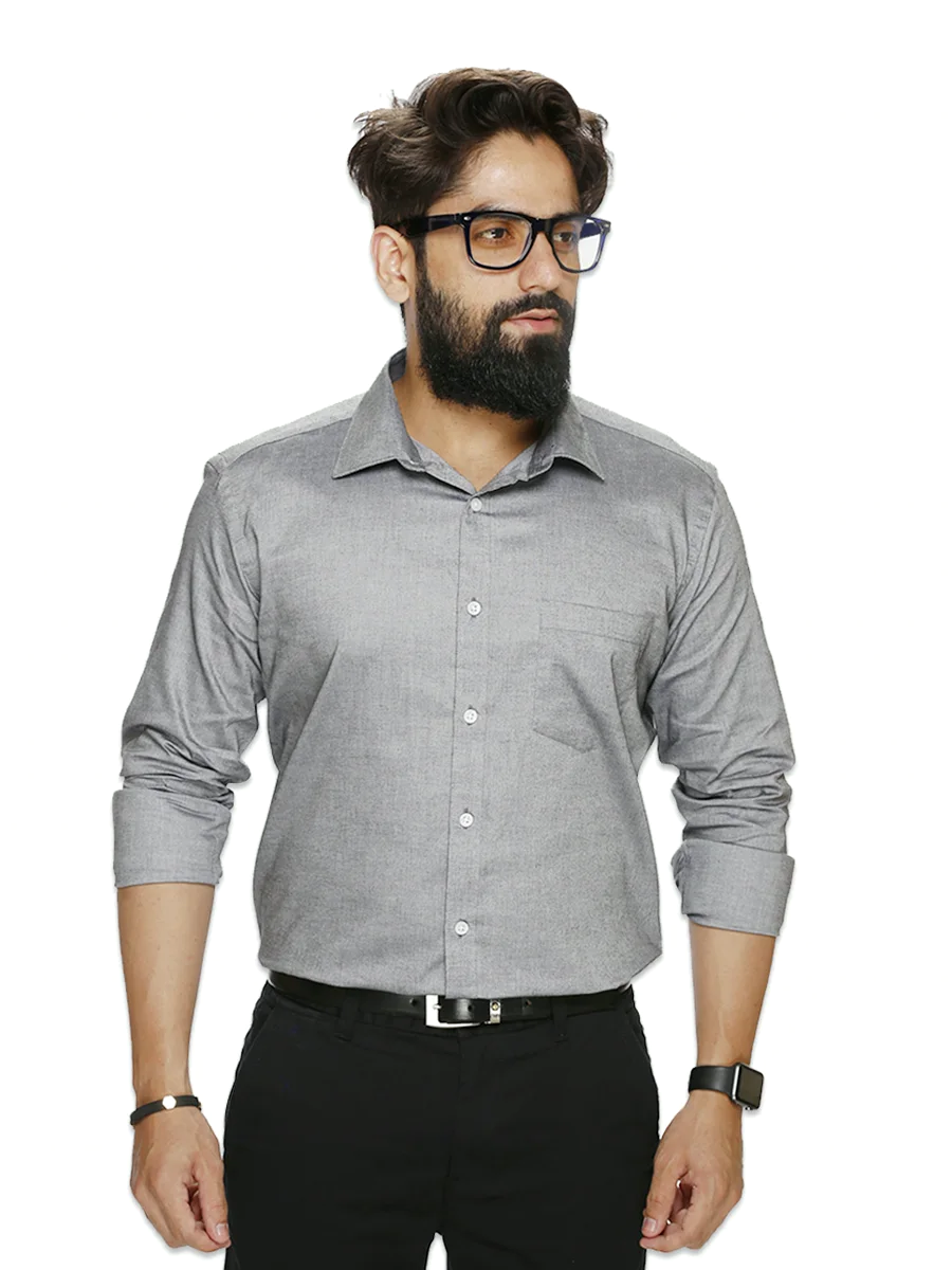 Grey uniform shirt on model